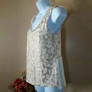 Anthropologie Lace Sequin Pleated Back Top EUC